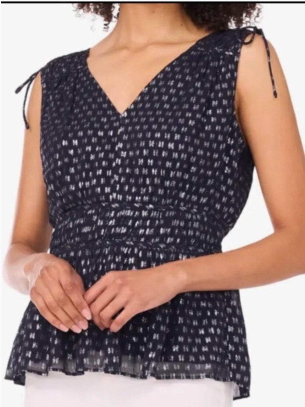 Parker The Fiona Tie Shoulder Smock Waist Top, Navy/Silver, Size L Large 14 NWT